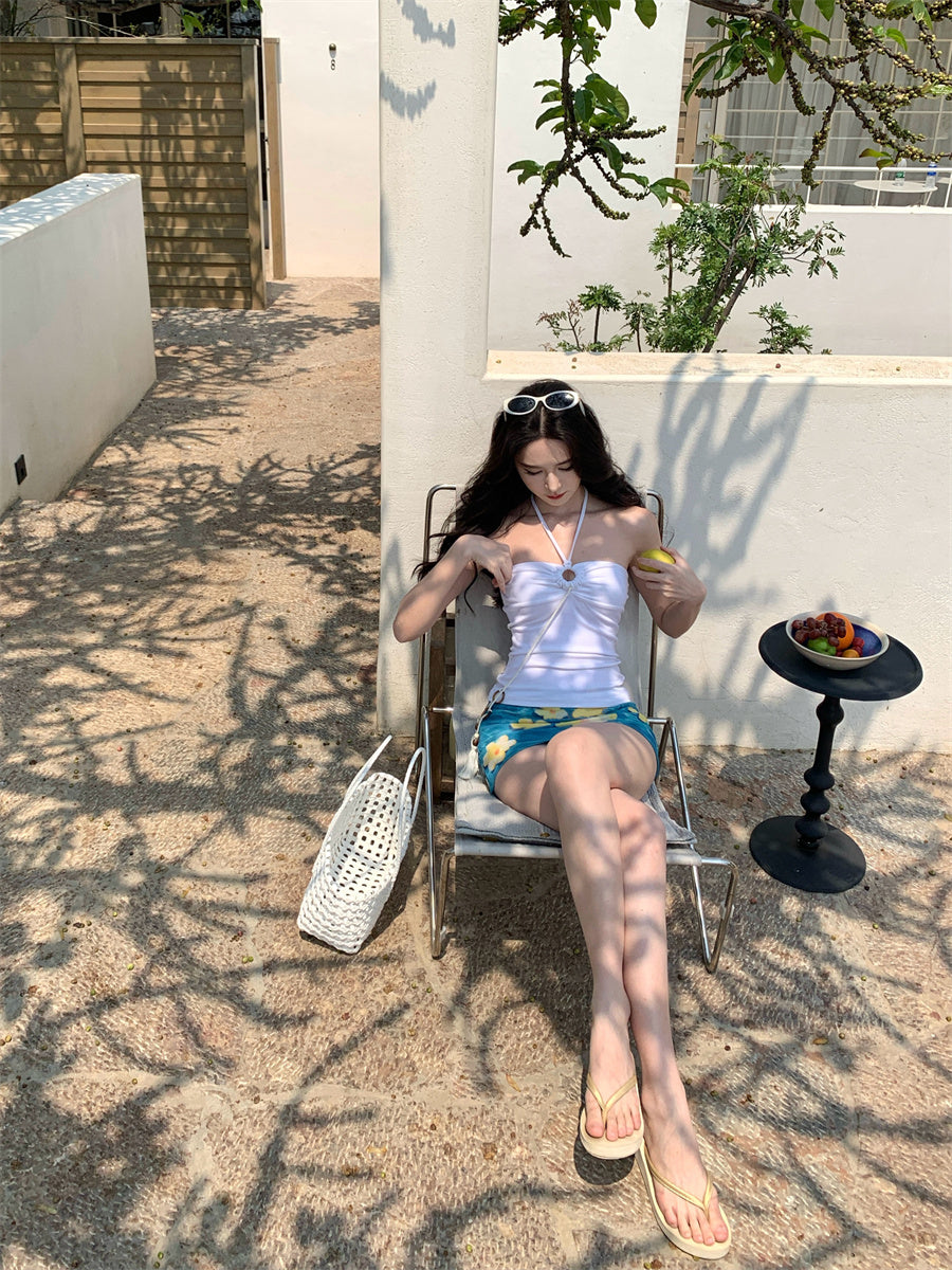 Hot Girls 2-Piece Set Sheath Mini Skirt Retro Floral Print Cutout Halter Short Dress AP3414