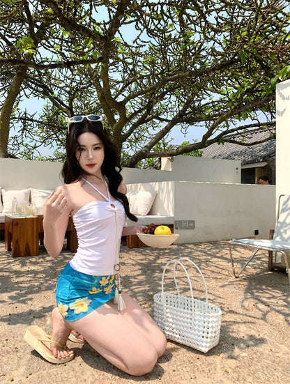 Hot Girls 2-Piece Set Sheath Mini Skirt Retro Floral Print Cutout Halter Short Dress AP3414