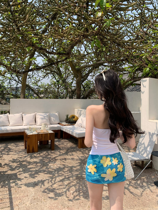 Hot Girls 2-Piece Set Sheath Mini Skirt Retro Floral Print Cutout Halter Short Dress AP3414