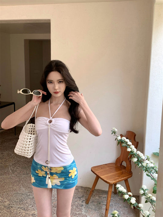 Hot Girls 2-Piece Set Sheath Mini Skirt Retro Floral Print Cutout Halter Short Dress AP3414