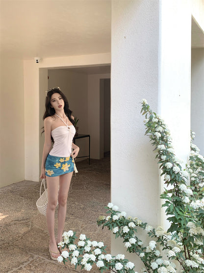 Hot Girls 2-Piece Set Sheath Mini Skirt Retro Floral Print Cutout Halter Short Dress AP3414