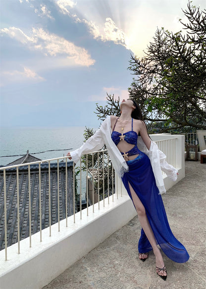 Hottie Sheath Halter Neck Shining Sequins Maxi Dress Sexy 2-Piece Set High-Slit Cutout Long Dress AP3415