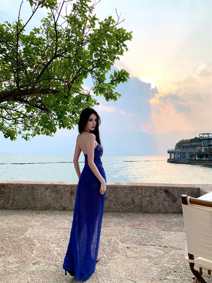 Hottie Sheath Halter Neck Shining Sequins Maxi Dress Sexy 2-Piece Set High-Slit Cutout Long Dress AP3415