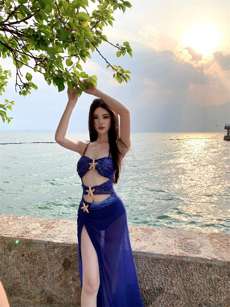 Hottie Sheath Halter Neck Shining Sequins Maxi Dress Sexy 2-Piece Set High-Slit Cutout Long Dress AP3415