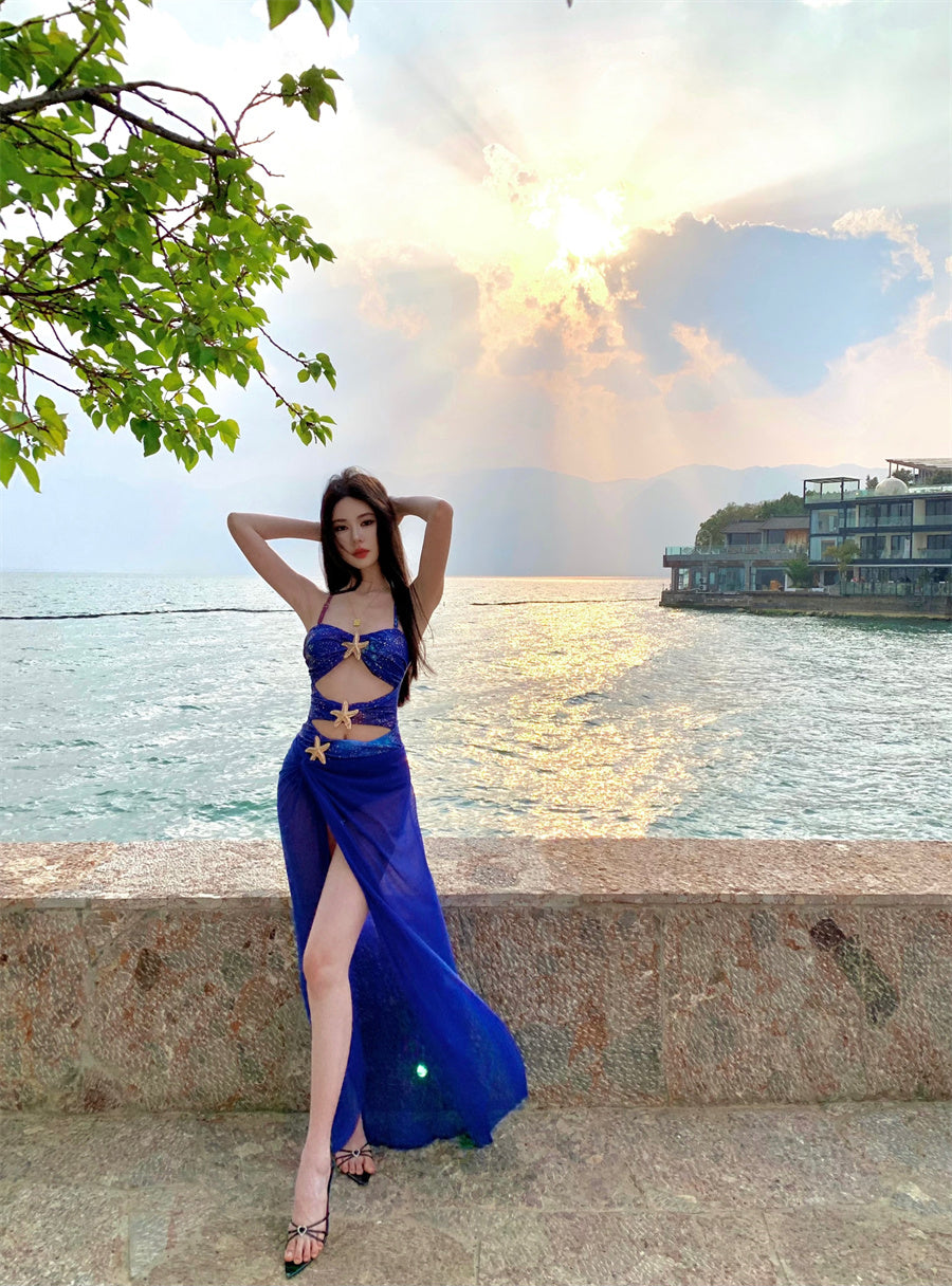 Hottie Sheath Halter Neck Shining Sequins Maxi Dress Sexy 2-Piece Set High-Slit Cutout Long Dress AP3415