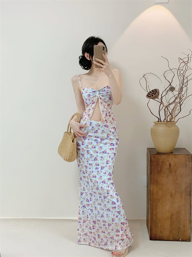 Fancy Two-Piece Sheath Maxi Dress Spaghetti Strap Y2K Style Open-Waist Floral Print Tulle Long Dress AP3416