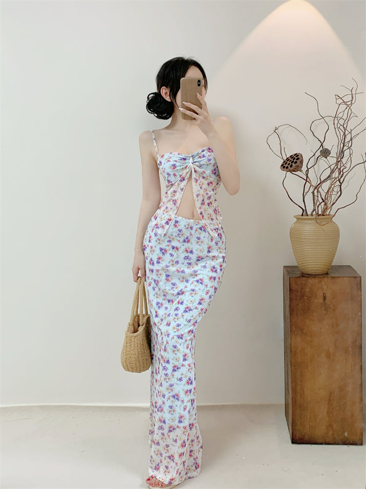 Fancy Two-Piece Sheath Maxi Dress Spaghetti Strap Y2K Style Open-Waist Floral Print Tulle Long Dress AP3416