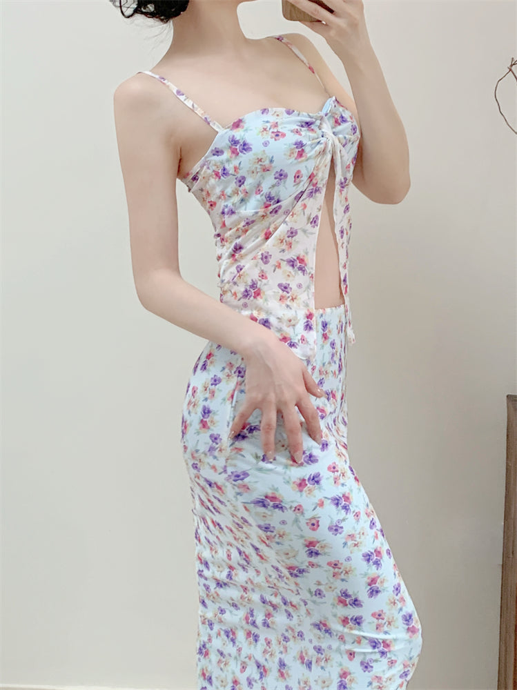 Fancy Two-Piece Sheath Maxi Dress Spaghetti Strap Y2K Style Open-Waist Floral Print Tulle Long Dress AP3416