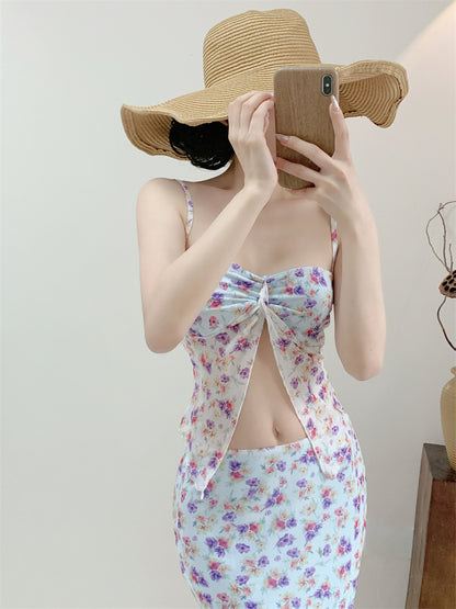 Fancy Two-Piece Sheath Maxi Dress Spaghetti Strap Y2K Style Open-Waist Floral Print Tulle Long Dress AP3416