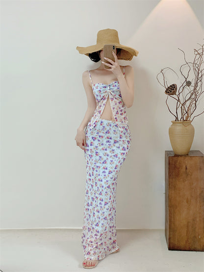 Fancy Two-Piece Sheath Maxi Dress Spaghetti Strap Y2K Style Open-Waist Floral Print Tulle Long Dress AP3416