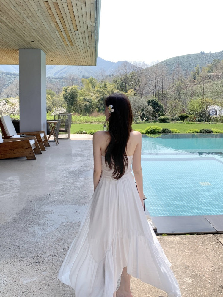 Delicate White A-Line Strapless Maxi Dresses Chic Splicing Lace Asymmetric Hem Long Dress AP3417