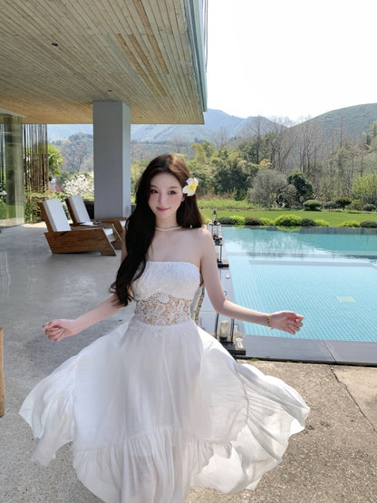 Delicate White A-Line Strapless Maxi Dresses Chic Splicing Lace Asymmetric Hem Long Dress AP3417