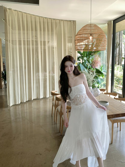 Delicate White A-Line Strapless Maxi Dresses Chic Splicing Lace Asymmetric Hem Long Dress AP3417