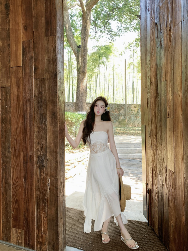 Delicate White A-Line Strapless Maxi Dresses Chic Splicing Lace Asymmetric Hem Long Dress AP3417