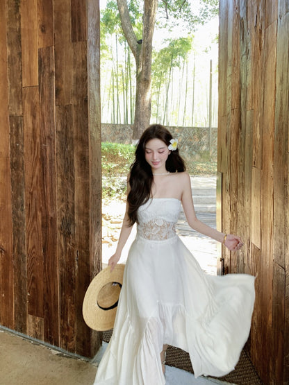 Delicate White A-Line Strapless Maxi Dresses Chic Splicing Lace Asymmetric Hem Long Dress AP3417