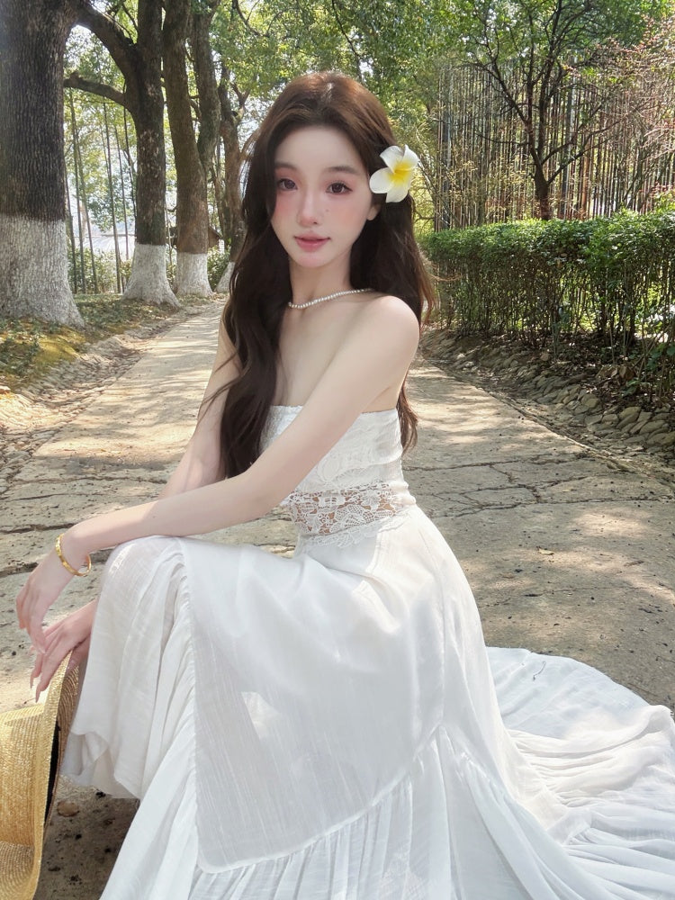 Delicate White A-Line Strapless Maxi Dresses Chic Splicing Lace Asymmetric Hem Long Dress AP3417