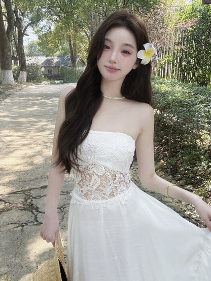 Delicate White A-Line Strapless Maxi Dresses Chic Splicing Lace Asymmetric Hem Long Dress AP3417