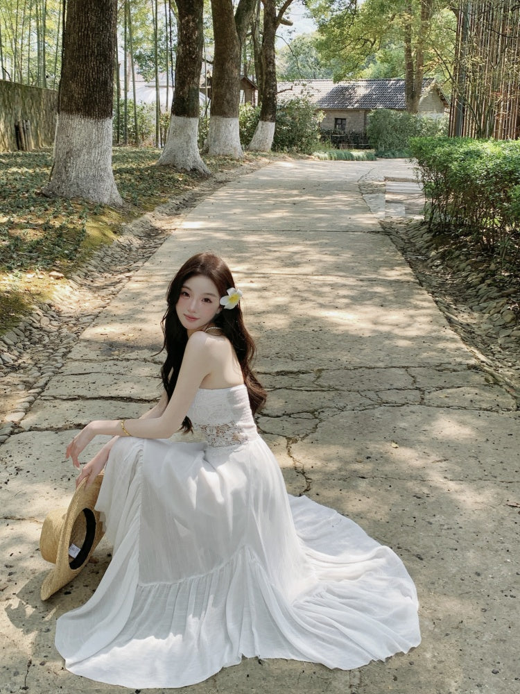 Delicate White A-Line Strapless Maxi Dresses Chic Splicing Lace Asymmetric Hem Long Dress AP3417