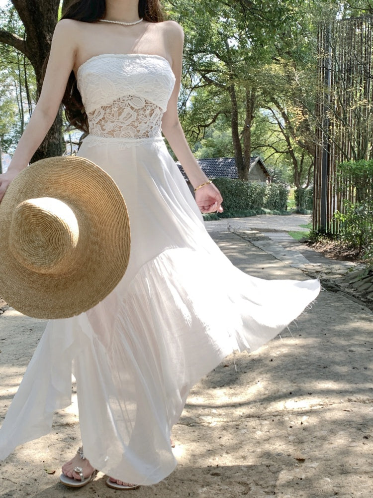 Delicate White A-Line Strapless Maxi Dresses Chic Splicing Lace Asymmetric Hem Long Dress AP3417