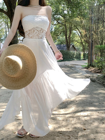 Delicate White A-Line Strapless Maxi Dresses Chic Splicing Lace Asymmetric Hem Long Dress AP3417