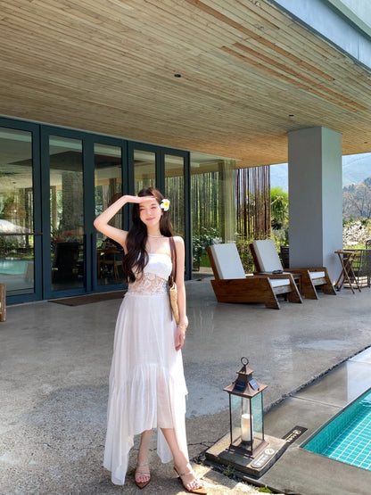 Delicate White A-Line Strapless Maxi Dresses Chic Splicing Lace Asymmetric Hem Long Dress AP3417