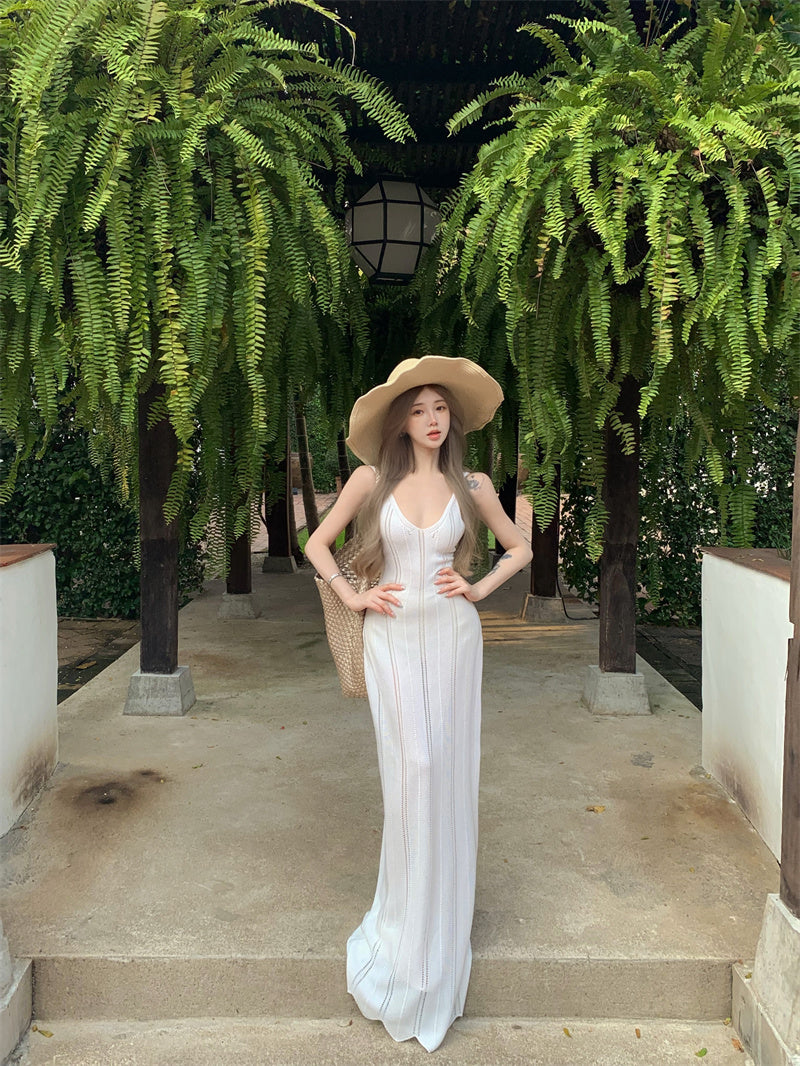 Pretty Sheath White Maxi Dress Spaghetti Strap Princess Cutout Asymmetric Hem Long Dress AP3418