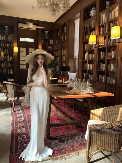 Pretty Sheath White Maxi Dress Spaghetti Strap Princess Cutout Asymmetric Hem Long Dress AP3418