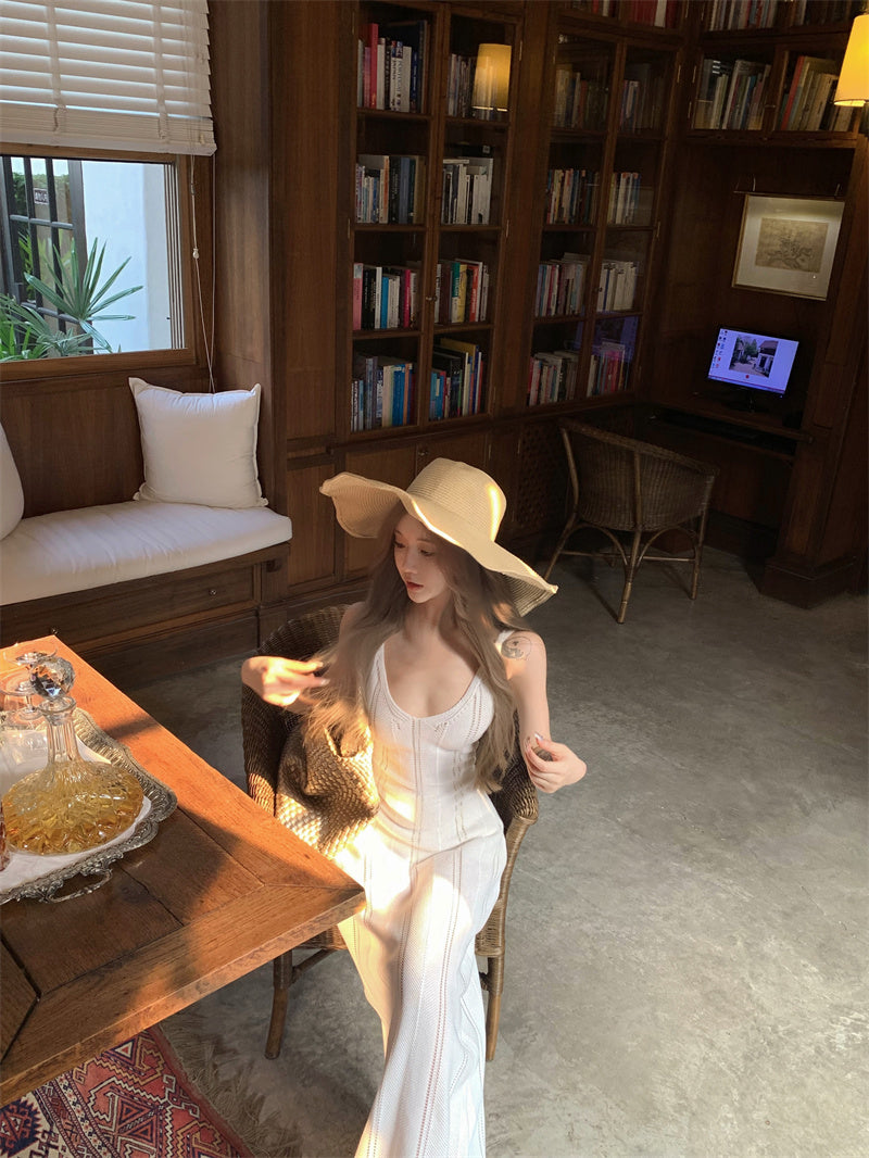 Pretty Sheath White Maxi Dress Spaghetti Strap Princess Cutout Asymmetric Hem Long Dress AP3418