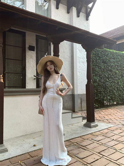 Pretty Sheath White Maxi Dress Spaghetti Strap Princess Cutout Asymmetric Hem Long Dress AP3418