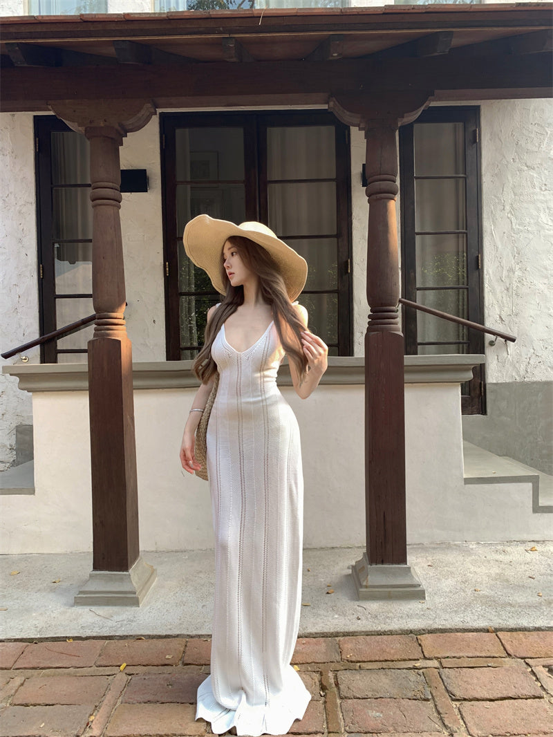 Pretty Sheath White Maxi Dress Spaghetti Strap Princess Cutout Asymmetric Hem Long Dress AP3418