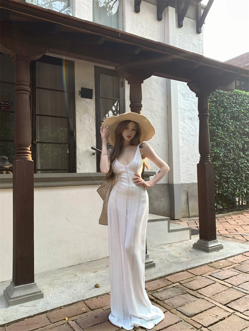 Pretty Sheath White Maxi Dress Spaghetti Strap Princess Cutout Asymmetric Hem Long Dress AP3418
