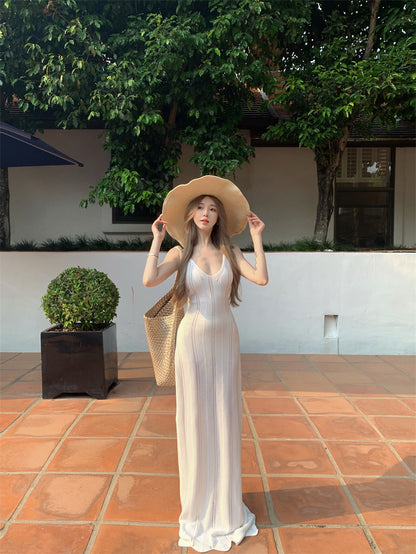 Pretty Sheath White Maxi Dress Spaghetti Strap Princess Cutout Asymmetric Hem Long Dress AP3418