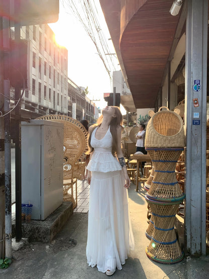 Modern White Halter Neck 2-Piece Set Maxi Dress Alluring A-Line Jacquard Backless Flowy Long Dress AP3419