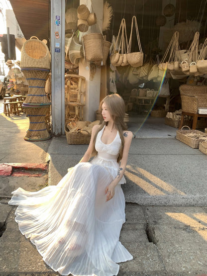 Modern White Halter Neck 2-Piece Set Maxi Dress Alluring A-Line Jacquard Backless Flowy Long Dress AP3419