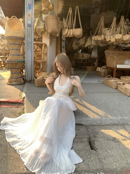 Modern White Halter Neck 2-Piece Set Maxi Dress Alluring A-Line Jacquard Backless Flowy Long Dress AP3419