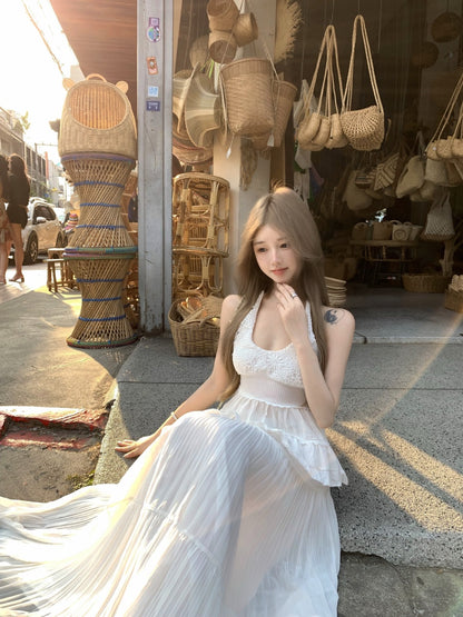 Modern White Halter Neck 2-Piece Set Maxi Dress Alluring A-Line Jacquard Backless Flowy Long Dress AP3419