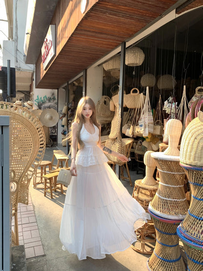 Modern White Halter Neck 2-Piece Set Maxi Dress Alluring A-Line Jacquard Backless Flowy Long Dress AP3419