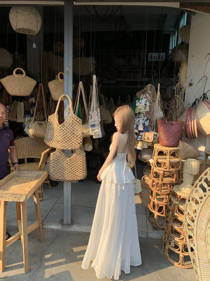 Modern White Halter Neck 2-Piece Set Maxi Dress Alluring A-Line Jacquard Backless Flowy Long Dress AP3419