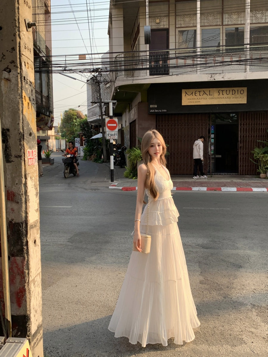 Modern White Halter Neck 2-Piece Set Maxi Dress Alluring A-Line Jacquard Backless Flowy Long Dress AP3419