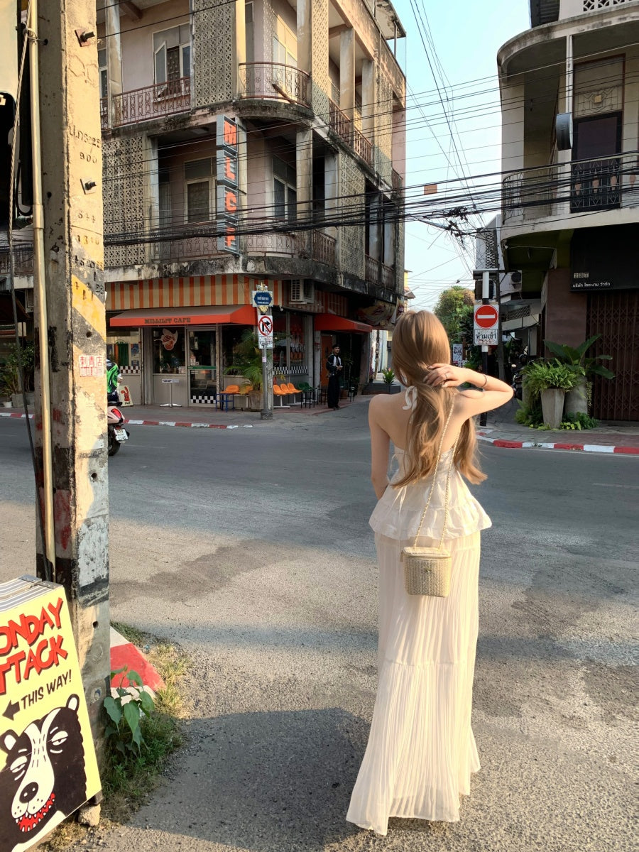 Modern White Halter Neck 2-Piece Set Maxi Dress Alluring A-Line Jacquard Backless Flowy Long Dress AP3419