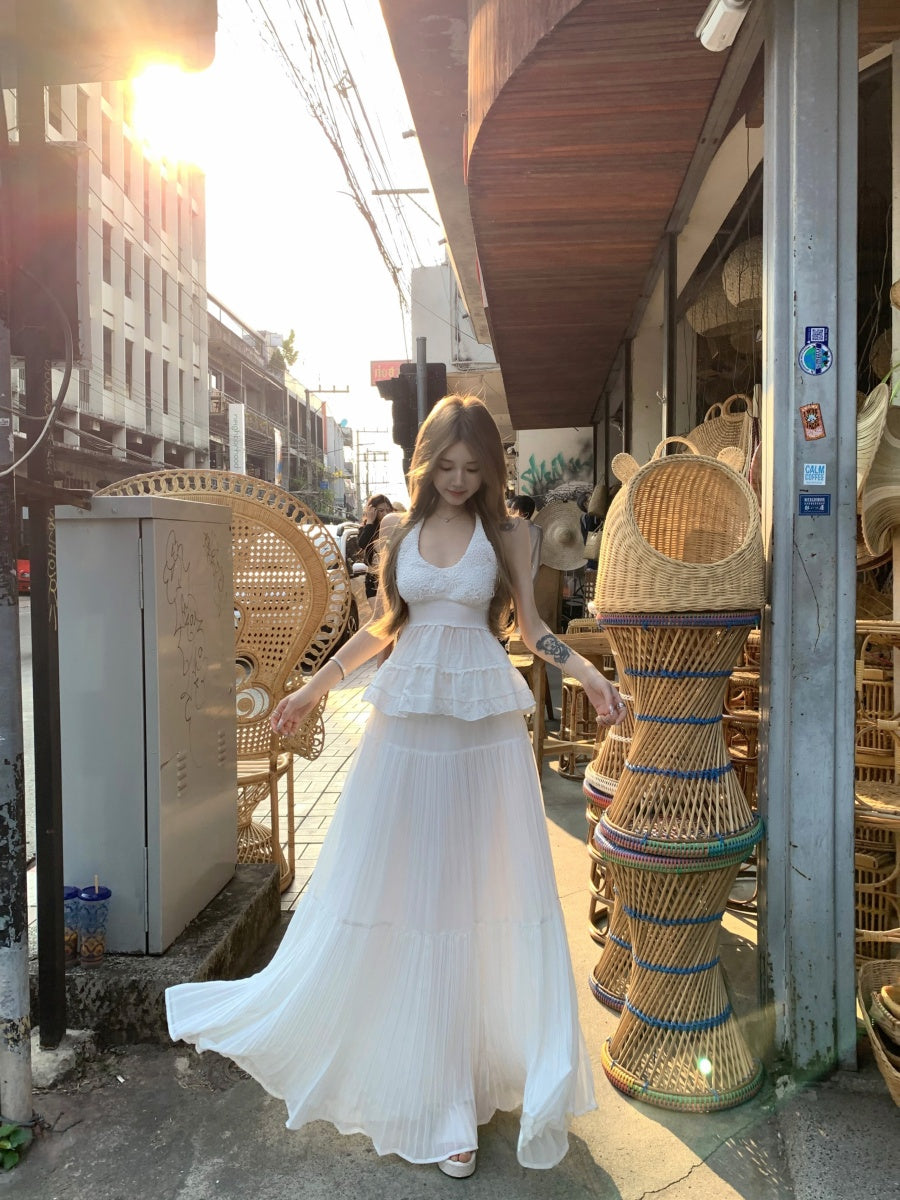 Modern White Halter Neck 2-Piece Set Maxi Dress Alluring A-Line Jacquard Backless Flowy Long Dress AP3419