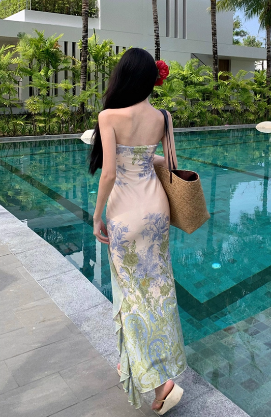 Oil Painting-Inspired Sheath Strapless Maxi Dresses Dreamy Waist-Cinching High-Slit Ruffles Long Dress AP3420