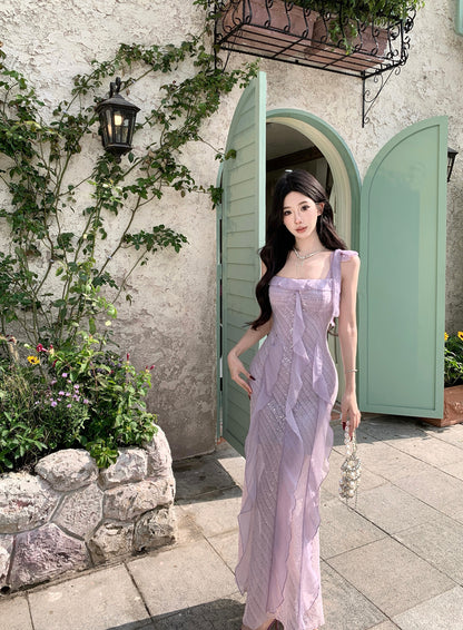 Glittering Sheath Sequins Accent Maxi Dress Vibrant Spaghetti Strap Ruffles Long Dress AP3421