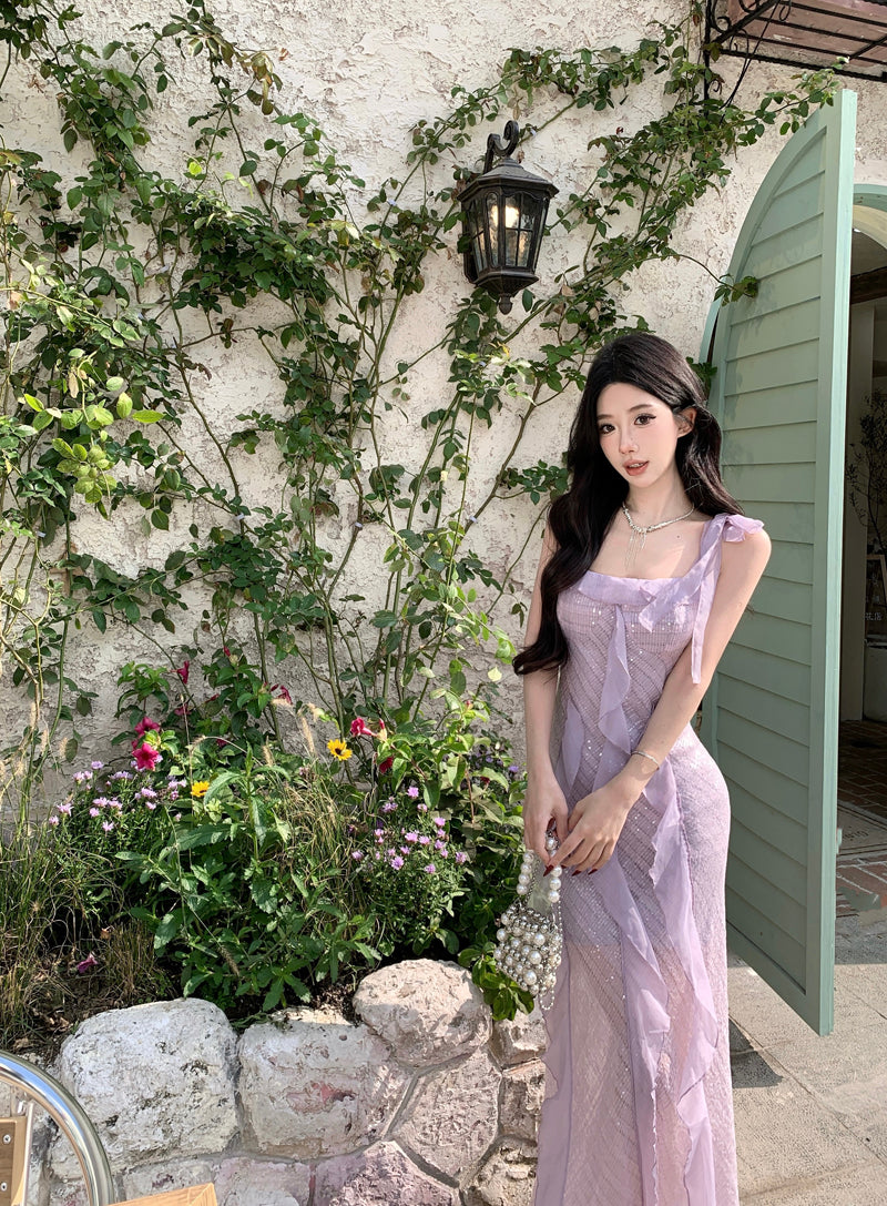 Glittering Sheath Sequins Accent Maxi Dress Vibrant Spaghetti Strap Ruffles Long Dress AP3421