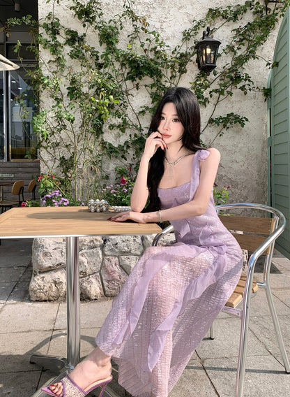 Glittering Sheath Sequins Accent Maxi Dress Vibrant Spaghetti Strap Ruffles Long Dress AP3421