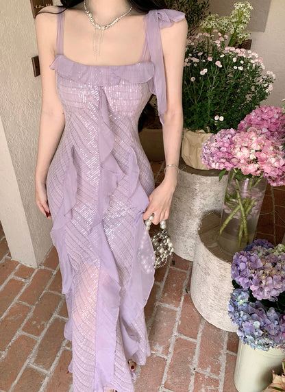 Glittering Sheath Sequins Accent Maxi Dress Vibrant Spaghetti Strap Ruffles Long Dress AP3421