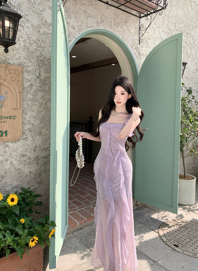 Glittering Sheath Sequins Accent Maxi Dress Vibrant Spaghetti Strap Ruffles Long Dress AP3421