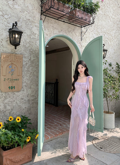 Glittering Sheath Sequins Accent Maxi Dress Vibrant Spaghetti Strap Ruffles Long Dress AP3421