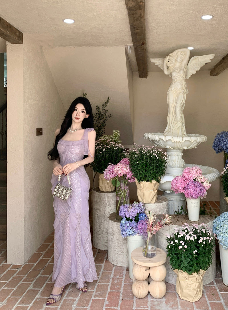 Glittering Sheath Sequins Accent Maxi Dress Vibrant Spaghetti Strap Ruffles Long Dress AP3421