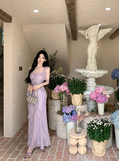 Glittering Sheath Sequins Accent Maxi Dress Vibrant Spaghetti Strap Ruffles Long Dress AP3421